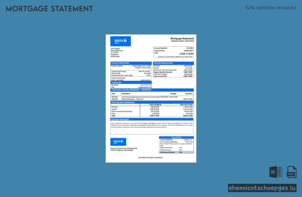 Montenegro Erste Bank AD Podgorica Hypothekenabrechnung Word- und PDF-Beispielvorschau